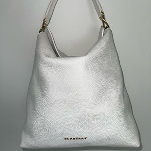 Burberry White Pebbled Leather Hobo Bag with Gold Hardware